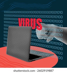 Trendy pop art halftone collage. Business man working with laptop and his hand clicking text notification Modern retro textured vector illustration for mixed media design on pink background