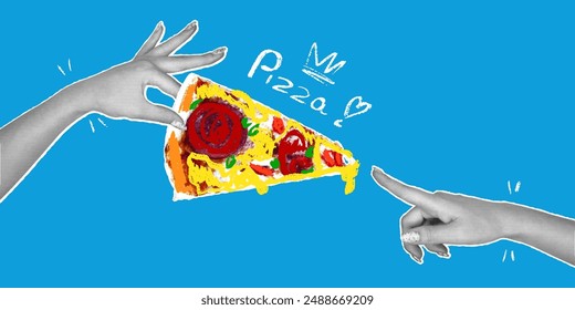 Ilustración de arte pop de moda de comida rápida italiana con efecto de semitono y garabatos de lápiz infantiles, textura áspera. Pedazo de pizza en las manos. Anuncio publicitario en estilo collage retro.