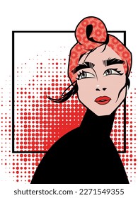 ilustración de arte pop de moda en estilo retro. Retrato estilizado de una chica con colores rojo-negro-blanco.Cartel vector para revistas, postales, publicidad.