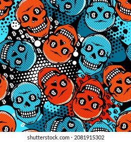 The trendy pop art style pattern with laughing skulls dreaming of earning bitcoins