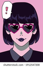 Trendy pop art style poster with black-haired gothic anime girl personage wearing heart-shaped sunglasses. Page of the manga comics book with cartoon character.