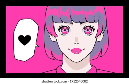 Trendy pop art style poster with pink-haired anime girl personage. Page of the manga comics book with cartoon character.