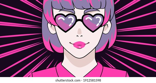 Trendy pop art style poster with anime girl personage. Page of the manga comics book with cute cartoon character.