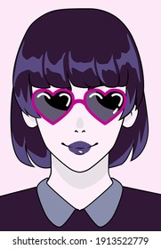 Afiche estilo arte pop de moda con personaje de anime gótico de pelo negro con gafas de sol en forma de corazón. Página del libro de historietas manga con personaje de caricatura.