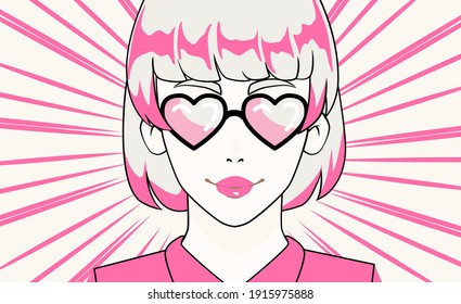 Trendy pop art style poster with anime girl personage wearing heart-shaped sunglasses. Page of the manga comics book with cartoon character.