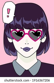Trendy pop art style poster with gothic anime girl personage wearing heart-shaped sunglasses. Page of the manga comics book with cartoon character.