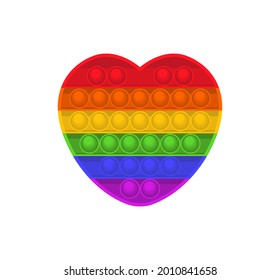 trendy pop it fidget. Heart shape. Hand toy with push bubbles for kids. Sensory fidget in rainbow colors. Relax popit vector illustration