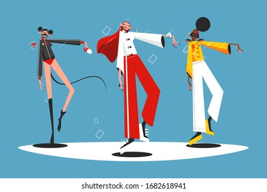 Ilustración vectorial de rendimiento de grupo pop de moda. Banda multinacional de mujeres con trajes de moda bailando en el diseño de estilo plano del escenario. Mostrar concepto de negocio