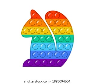 El pop de moda le dio forma a ardilla. Los juguetes antiestrés coloridos forman animales. Empujar burbujas con juguete de mano para los niños. Antiestrés para adultos. Sensorial en colores arcoiris. Ilustración vectorial de juguetes de popit relajado