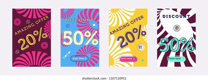 Trendy pop vector banner set. Vivid banners in retro poster design style. Vintage shapes. Modern neon colors: magenta, cyan and purple. Sale labels with discount numbers.