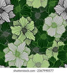 Patrón de repetición de la floración de la amapola. Ornamento floral dibujado a mano. Flor de amapola con pétalos de contorno. Papel de escritorio impreso. Flor de jardín muestra periódica rústica envolver vector.