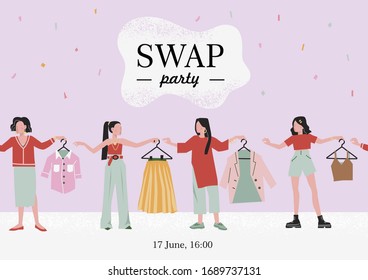 Trendy portrait of girls fashion swap party for concept design. Reduce and reuse concept. Style Casual clothes. 