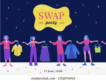 Trendy portrait of girls in the fashion swap party for concept design. Reduce and reuse concept. Style Casual clothes. 