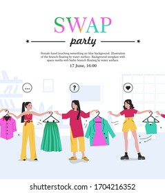 Trendy portrait of girls fashion swap party for concept design. Reduce and reuse concept. Style Casual clothes. 