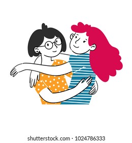 Trendy portrait of lovely girlfriends are embracing and smiling. Hugging couple. Colorful vector illustration in cartoon doodle hand drawn style.