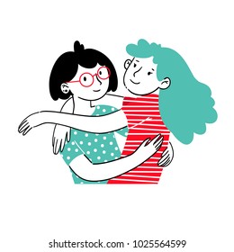 Trendy portrait of lovely girlfriends or siblings are embracing and smiling. Hugging couple. Embracing people. Colorful vector illustration in cartoon doodle hand drawn style. Illustration concept.