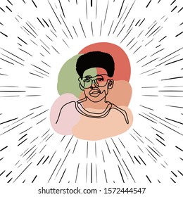 Trendy portraits one line. Afro man on orange, pink colored brush stains and backdrop radial spark rays. Creative face artwork.