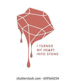 Trendy Postkarte mit blutenden Diamanten und Schriftzeichen. Ich habe mein Herz in eine Steingrafik verwandelt. Vektorkristall mit Bluttropfen. T-Shirt-Print. Poster.