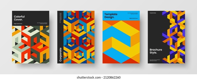 Trendy poster A4 design vector layout set. Original mosaic hexagons handbill concept bundle.