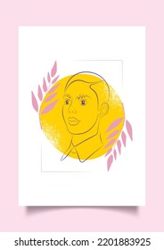 Trendy poster with abstract fashion portrait of non-binary person. Modern abstract face on contemporary background with pink leaves.