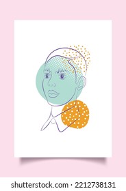 Trendy poster with abstract fashion portrait of non-binary person. Modern abstract face on contemporary background with color stains.