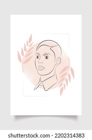 Trendy poster with abstract portrait of non-binary person. Modern abstract face on pastel background with leaves. Vector illustration for t-shirt design, print graphics style.