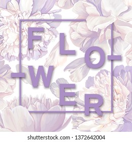 Trendy poster with blooming white peonies. Spring background in pastel purple tones. Floral spring graphic design. Can be used as an interior poster, print for clothes or an background for your design