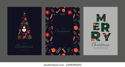 Trendy pôster azul Árvore de Natal e saudação texto letras em estilo moderno. Ilustração vetorial Feliz Natal moderno, cartões de feliz ano novo. Design minimalista web conceito, banner de mídia social, modelo