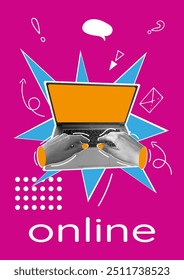 Trendy Poster Collage com Mão, Computador, Ícones da escola, fonte moderna. Design de banner moderno do site, programação, aulas on-line, ideia. Ilustração vetorial Conceito com elementos e ícones simples. 