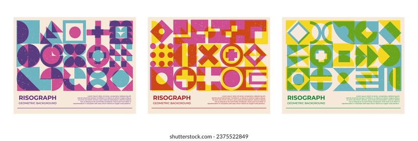 Trendy poster collection with riso print effect. Abstract geometric shapes pattern risograph style with grain texture.