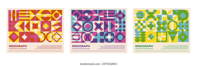 Trendy poster collection with riso print effect. Abstract geometric shapes pattern risograph style with grain texture.