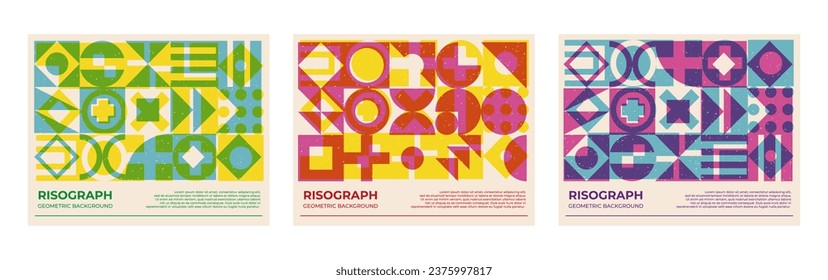 Trendy poster collection with riso print effect. Abstract geometric shapes pattern risograph style with grain texture.