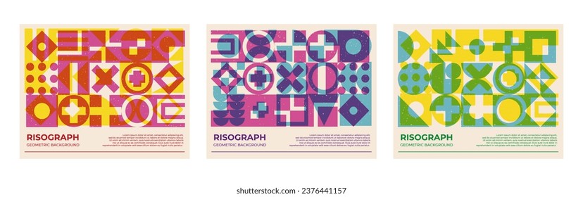 Trendy poster collection with riso print effect. Abstract geometric shapes pattern risograph style with grain texture.