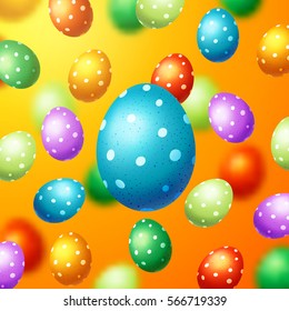 Trendy poster with colorful eggs. Happy Easter. Decorated yellow, red, blue, green and purple eggs background
