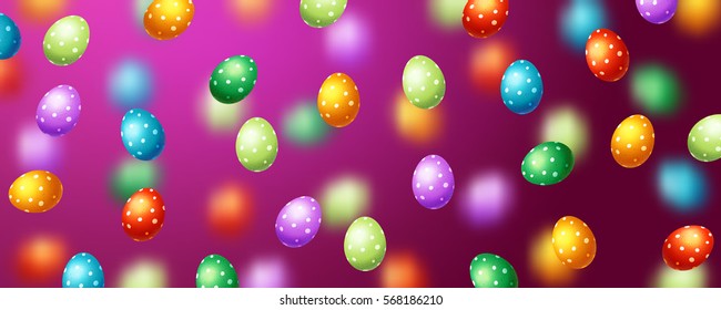 Trendy poster with colorful eggs. Happy Easter. Decorated yellow, red, blue, green and purple eggs background