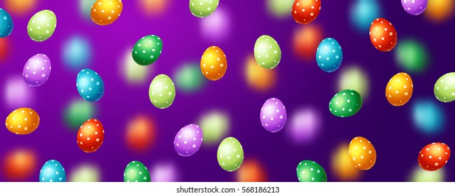Trendy poster with colorful eggs. Happy Easter. Decorated yellow, red, blue, green and purple eggs background
