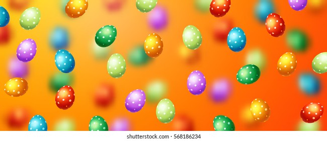 Trendy poster with colorful eggs. Happy Easter. Decorated yellow, red, blue, green and purple eggs background