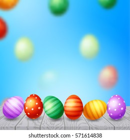 Trendy poster with colorful eggs. Happy Easter. Decorated yellow, red, blue, green and purple eggs background