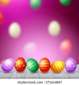 Trendy poster with colorful eggs. Happy Easter. Decorated yellow, red, blue, green and purple eggs background
