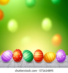 Trendy poster with colorful eggs. Happy Easter. Decorated yellow, red, blue, green and purple eggs background