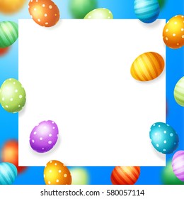 Trendy poster with colorful eggs. Happy Easter. Decorated yellow, red, blue, green and purple eggs background