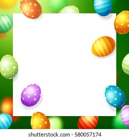 Trendy poster with colorful eggs. Happy Easter. Decorated yellow, red, blue, green and purple eggs background
