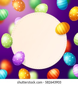 Trendy poster with colorful eggs. Happy Easter. Decorated yellow, red, blue, green and purple eggs background