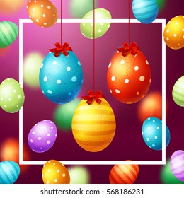 Trendy poster with colorful eggs with red bow and ribbon. Happy Easter. Decorated yellow, red, blue, green and purple eggs background