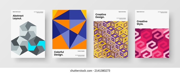 Trendy poster design vector layout set. Multicolored geometric tiles journal cover illustration collection.