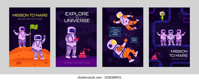 Trendy poster designs with astronauts. Vivid brochures with happy cosmonauts working in cosmos on bright background. Galaxy adventure and universe concept. Template for promotional leaflet or flyer