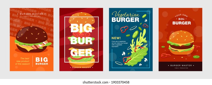 Trendy poster designs with burger and ingredients. Vivid brochures for fast food cafe or restaurant. Unhealthy meal and nutrition concept. Template for promotional leaflet or flyer