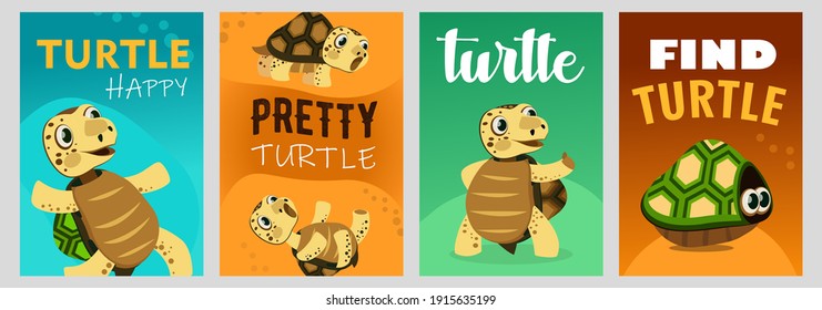 Diseños de afiches de moda con feliz tortuga. Folletos vívidos con carácter de tortuga marina sobre fondo brillante. El concepto de fauna marina y animales. Plantilla para folleto o folleto promocional