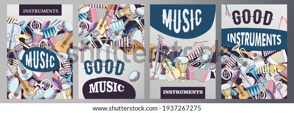 Trendy\
poster designs with musical instruments. Vivid brochures with\
different instruments on light background. Music and entertainment\
concept. Template for promotional leaflet or\
flyer