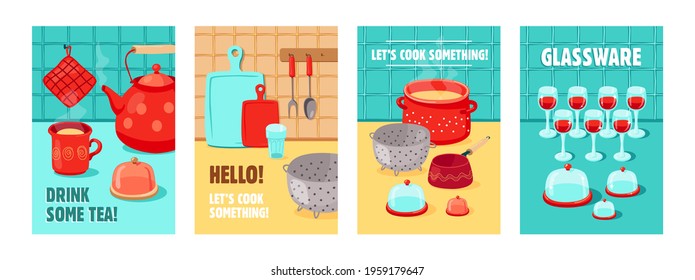 Trendy poster designs with various kitchen tools. Vivid brochures with kettle, pot, cups, glassware on bright background. Cooking, kitchen tools concept for promotional leaflet or flyer